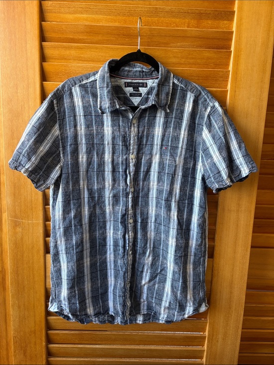 Tommy Hilfiger Other - Tommy Hilfiger Men’s Short Sleeve Plaid Button-Up Shirt - Blue/White Linen